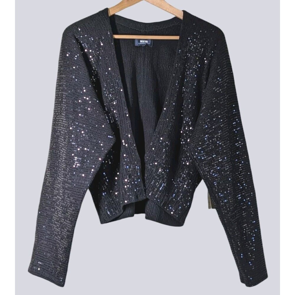 NWT Anthropologie Maeve Artemia M/L Black Sequin Cropped Cardigan Sweater Party